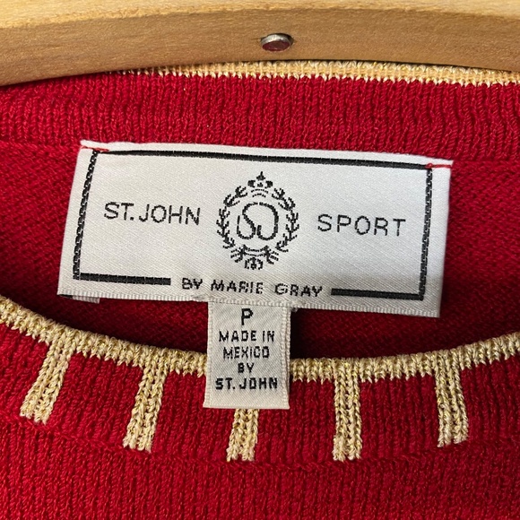 ST JOHN SPORT MARIE GRAY Sweater Size P Red & Metallic GoldTrim Knit Watch Wrist - Picture 4 of 6